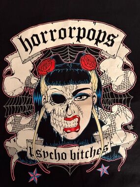 Horrorpops Psycho Bitches Graphic Tee - Black, Red, Blue